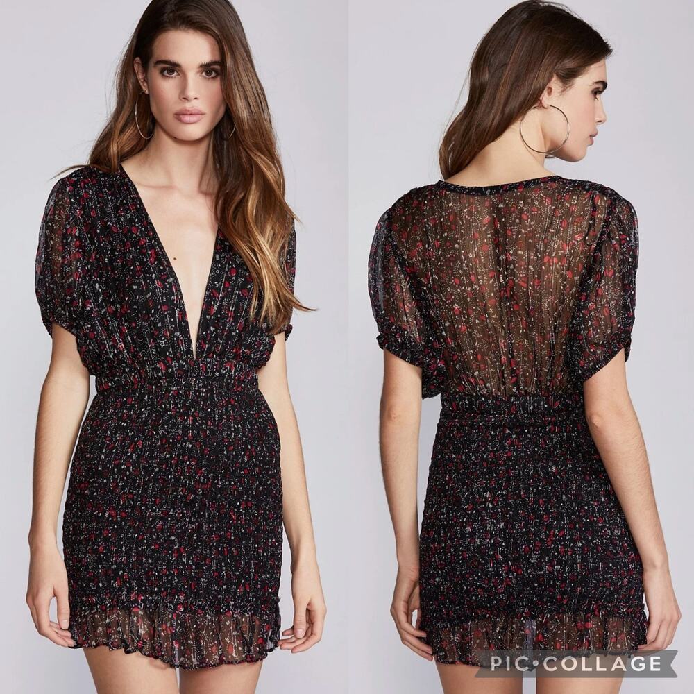 Free People Smocked Black V Neck Shimmer Cap Sleeve Y2K Mini Dress S